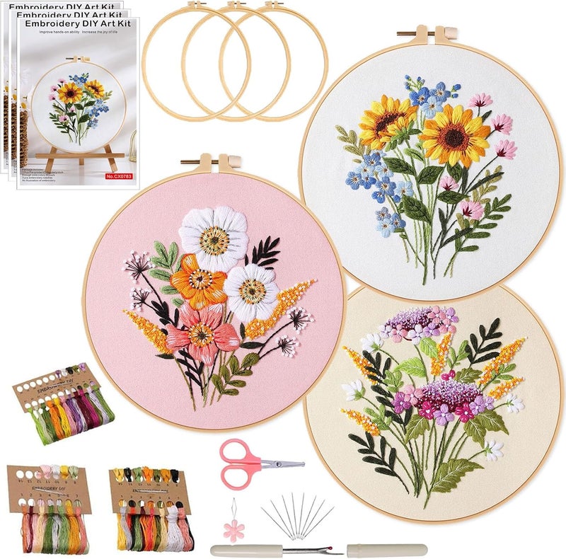 Ohcol 3 Sets Embroidery Kit for Beginners Cross Stitch Kits Needlepoint Kits Crafts for Adults with 3 Embroidery Hoops Easy-to-Follow Operating Instructions,Needle Point Kits with Flowers Patterns - Image 1